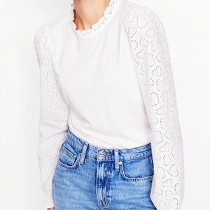Boden Broderie Sleeve Frill neck White Eyelet Top US 10 NWT
